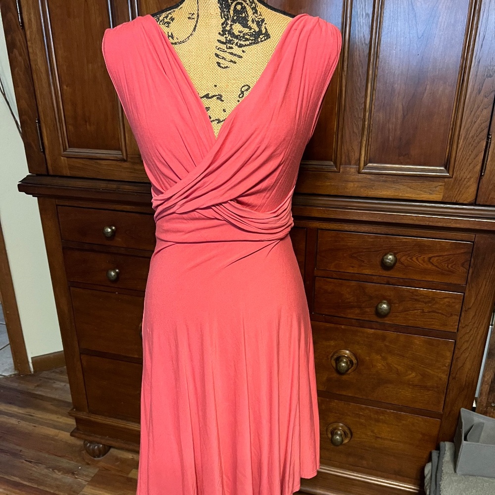 Salmon knee length - deep plunge cotton dress
